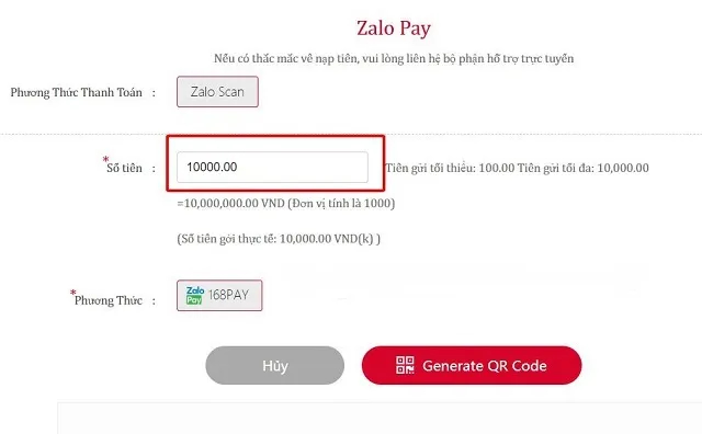 Biểu mẫu nạp tiền bằng Zalo Pay